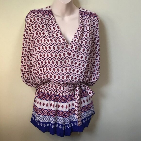 AVA New Shorts Romper Boho Print Jumpsuit V-Neck Festival Belt Neutral Summer S - Picture 1 of 11